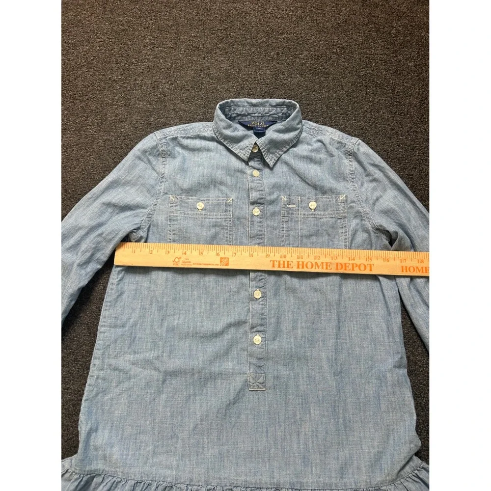 Polo‎ Ralph Lauren Dress Blue Girls 16 Chambray Drop Waist Ruffle Long Sleeve